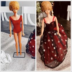 RARE FIND! Vintage 1962 Midge Barbie Doll Bubblecut Ginger w Red One-Piece - Stand & Hand Sewn Gown