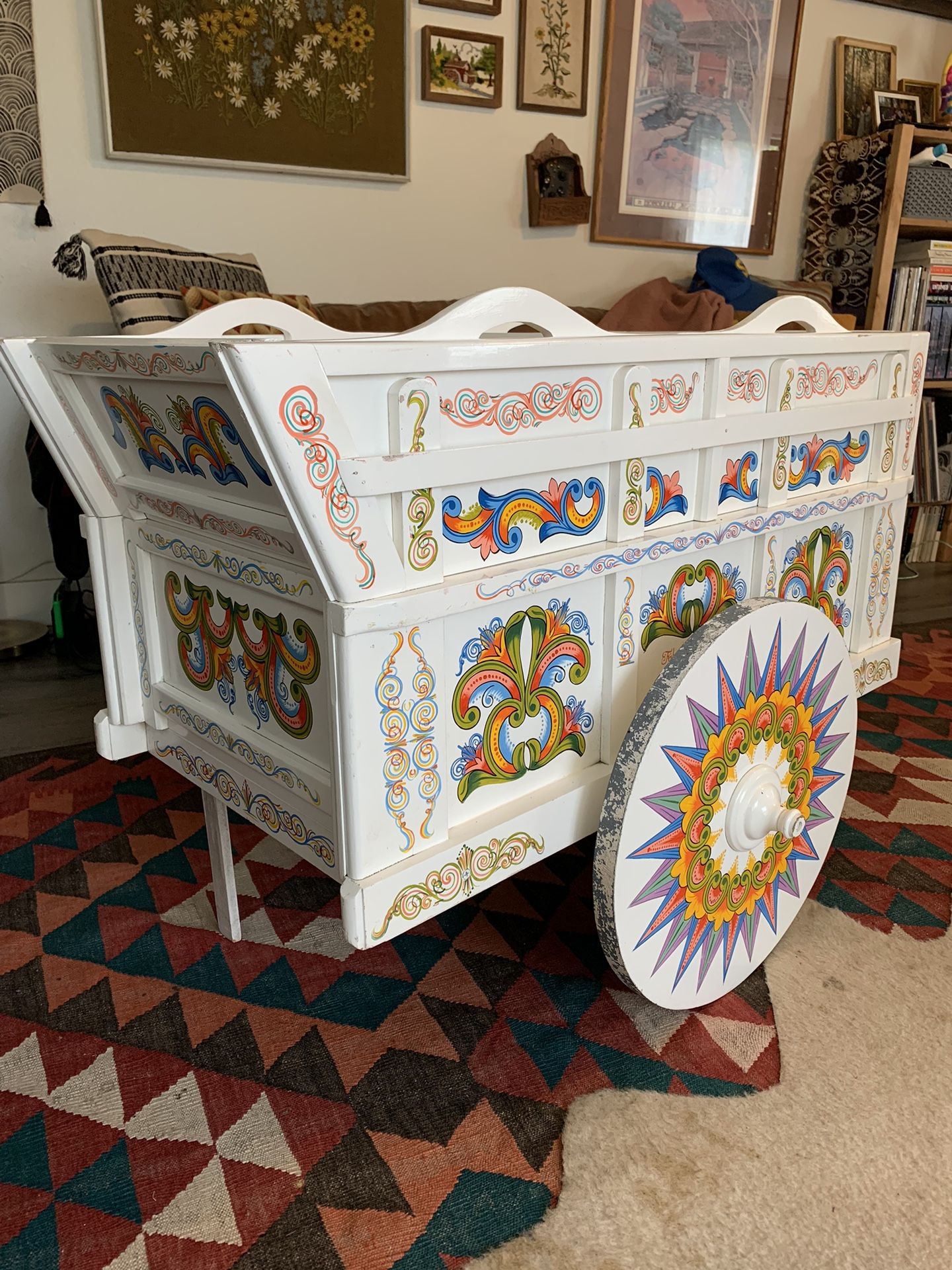 Vintage Handpainted Costa Rica Ox Antique Bar Cart