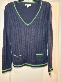 Navy Cable Knit V-Neck Sweater Size S