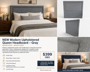 NEW Queen Upholstered Headboard – Modern Gray