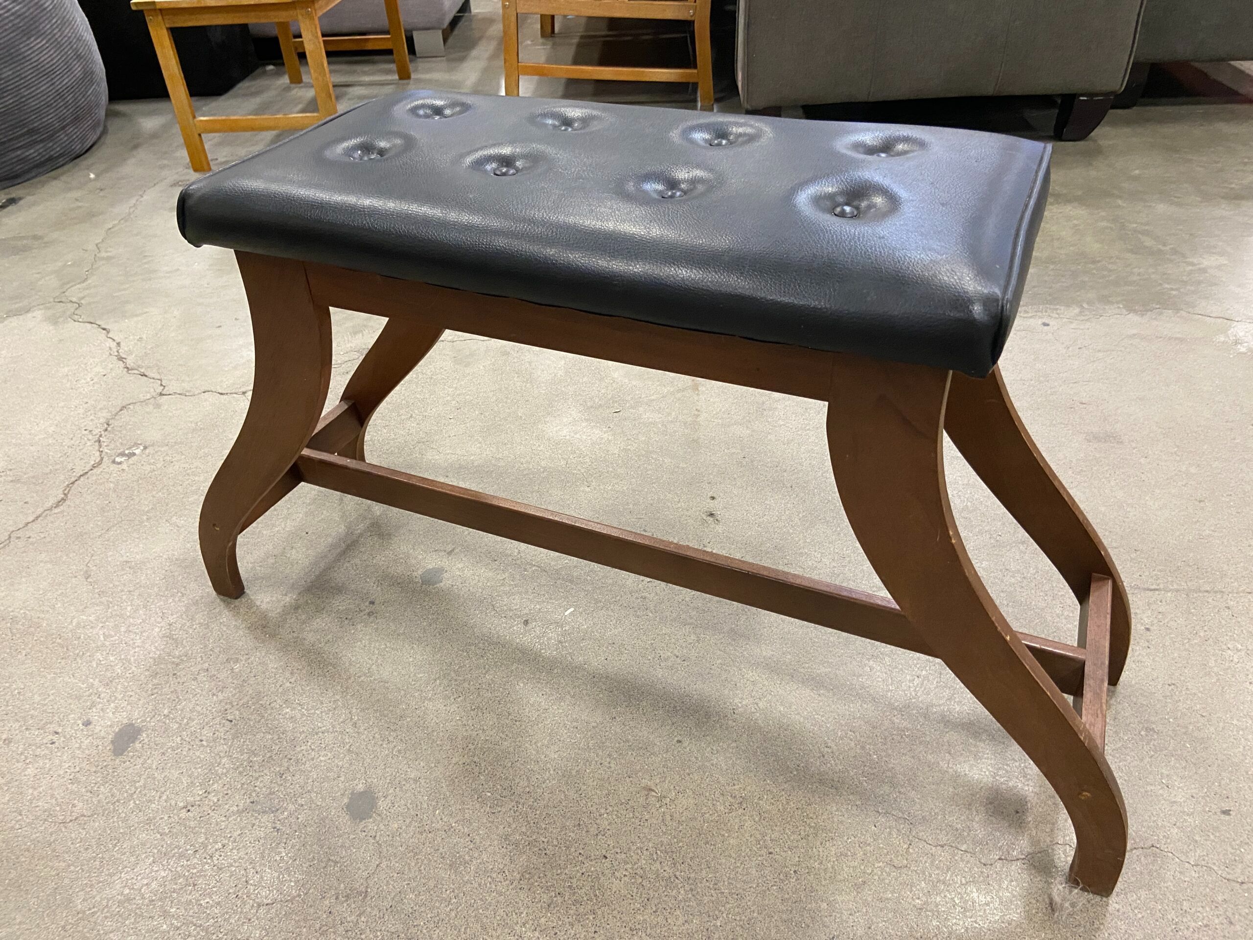 Black Tufted Leather Piano Bench with Curved Wooden Legs