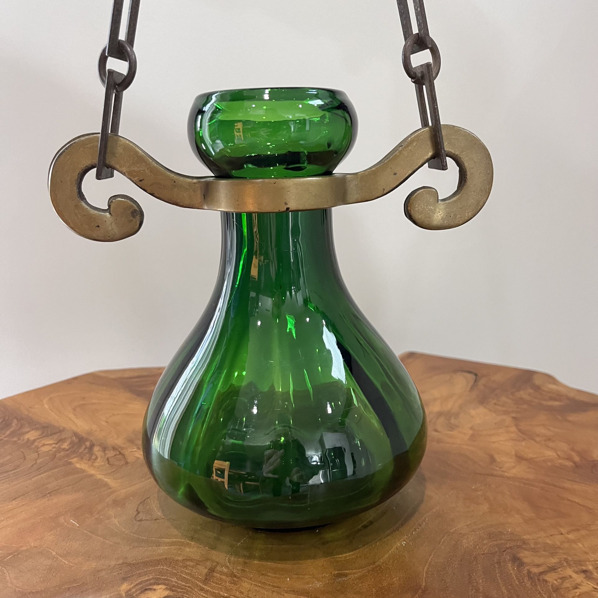 Hanging Plant Flowers Art Glass Emerald Green Hyacinth Bulb Hanging Plant Flower Vase With Raw Brass Holder & Chain Patent # Use Inside And Out
