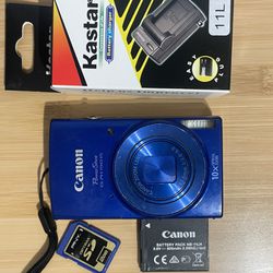 Canon Powershot ELPH 190 IS Blue digital camera tested works  Flash zoom video shutter all working. Includes battery, charger, memory card