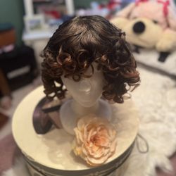 Human Hair Blend Wig Heat OK Curly Long Brown mix Bangs Layered