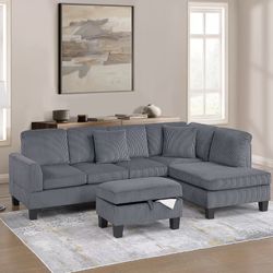 3-Piece Sectional Set W/ Ottoman RAF Chaise + LAF Sofa + Storage Ottoman