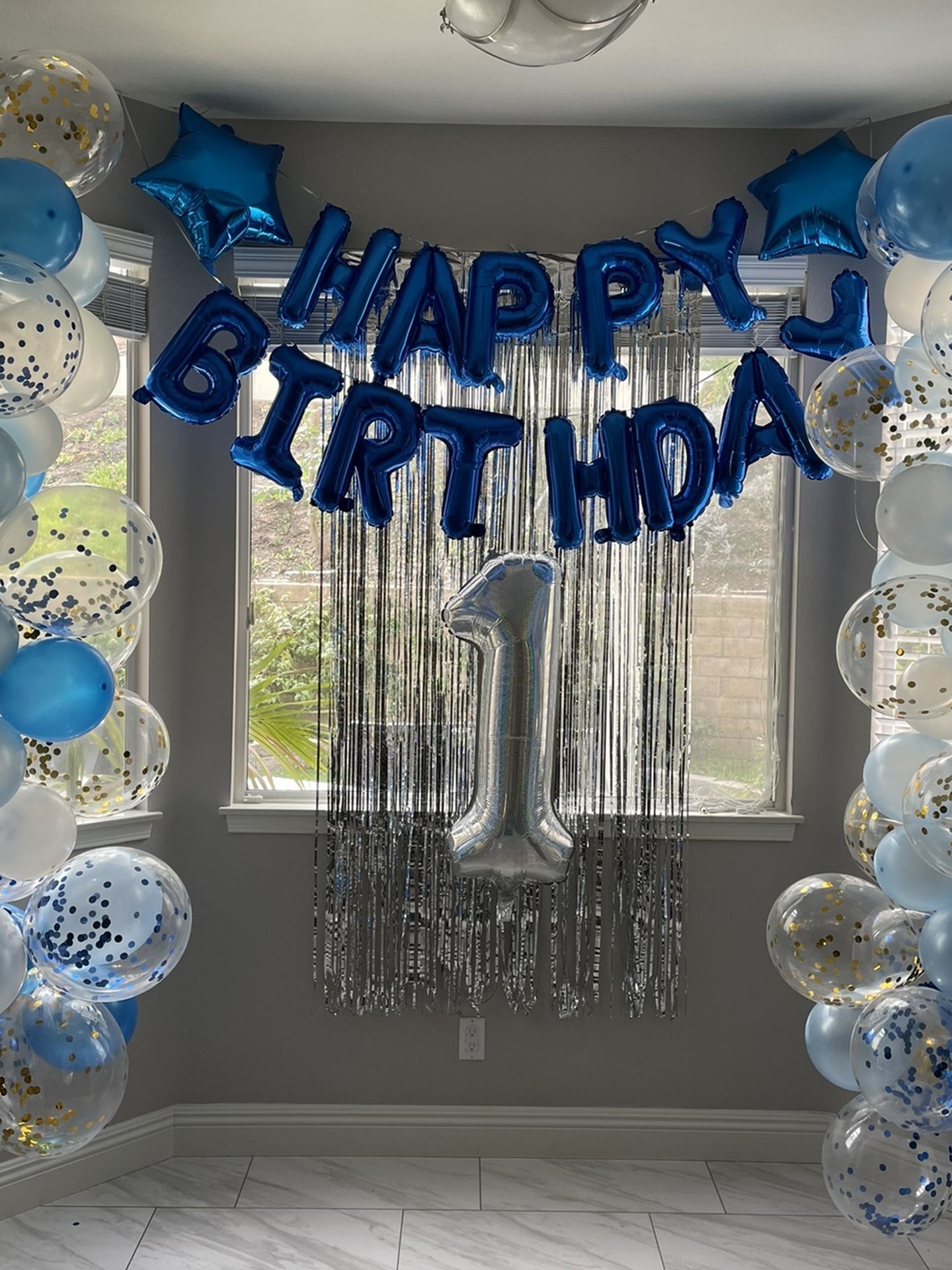 First Birthday "1" Foil Balloon, "One" cake topper, and "1" candle