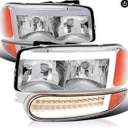 SPEC-D TUNING Chrome LED Tube Headlights + Sequential Bumper Lights Compatible with 2000-2006 GMC Sierra DENALI, Yukon XL DENALI