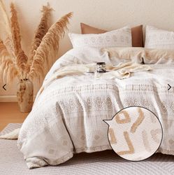 Sonive Beige Woven Jacquard Full Boho Duvet Cover Set