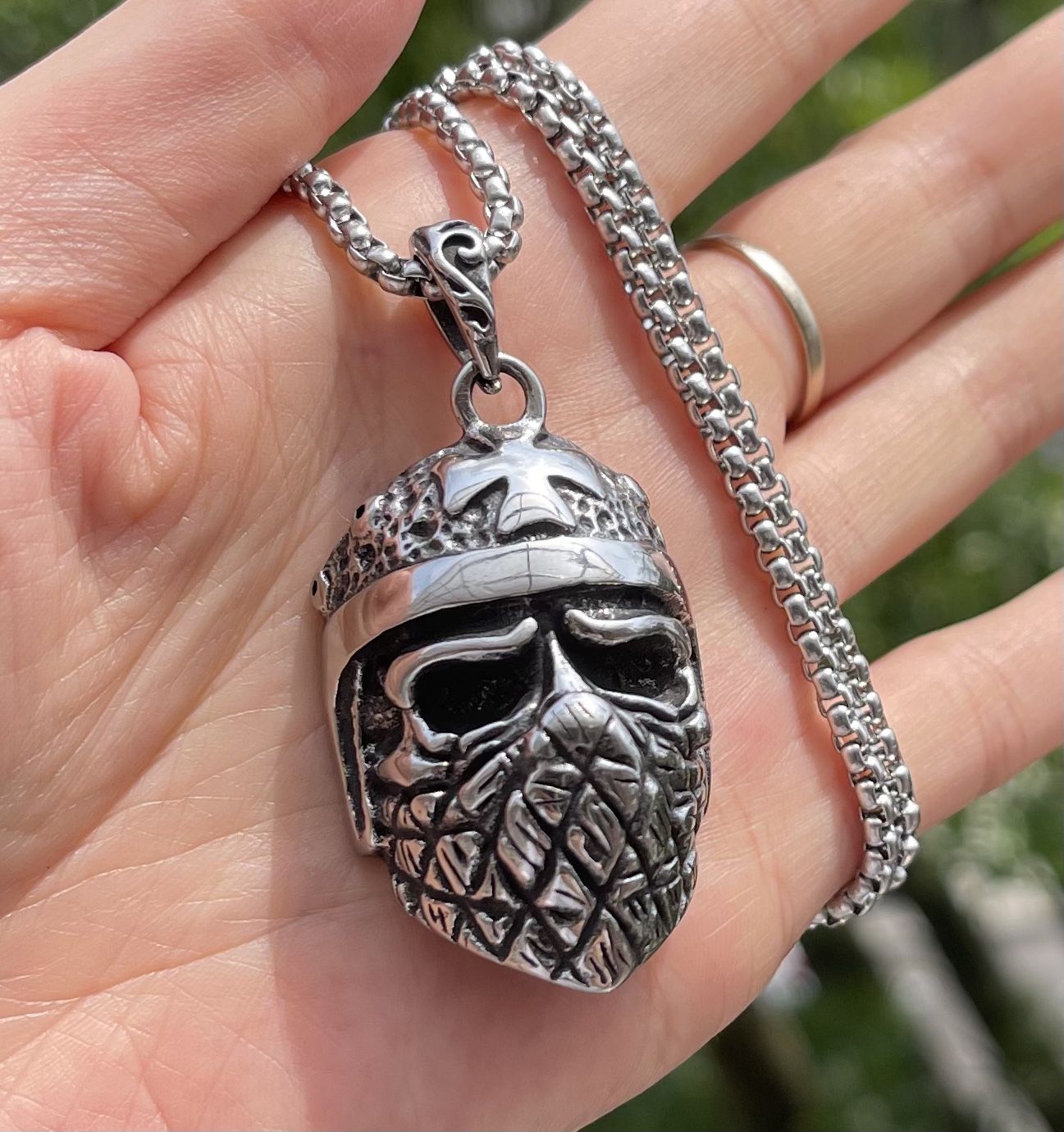 Gothic Mens Stainless Steel Punk Biker Skull Mask Pendant Necklace Chain