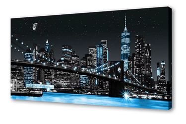 29x59 New York Brooklyn Bridge Cityscape Night Building Framed Wall Art - Brand New
