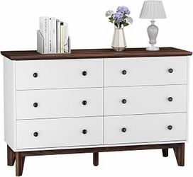 6-Drawer Double Dresser White and Walnut