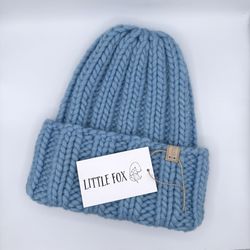 Handmade Chunky Beanie — Puffy Knit Hat, Cozy & Warm (Sky)