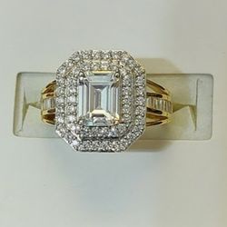 Emerald Cut Halo Open Design 18K Yellow Gold Over Sterling Silver Diamond Simulant Cocktail Ring (NWT)