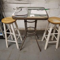 Glass Table Aluminum Frame Two Wooden Stools