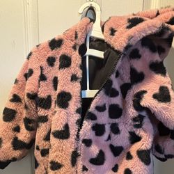 Kids Reversible Heart Design Plush Hooded Zipper Jacket For Young Girls