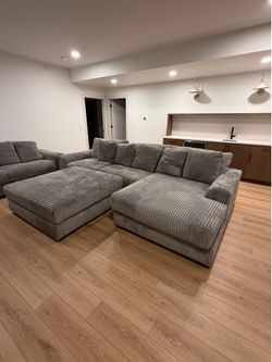 Grey Corduroy Sectional Sofa with Ottoman