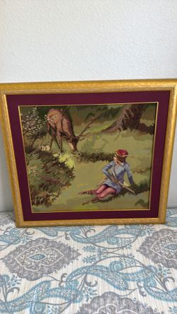 Framed Needlepoint Hunter and Deer Scene