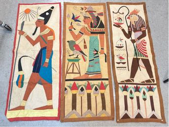 Set Of 3 1920’s Hand Sewn Egyptian Revival Appliqué Wall Panels Tapestry Vintage
