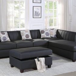 Brand New Black Leather Modern Style Sectional Sofa With Storage Ottoman