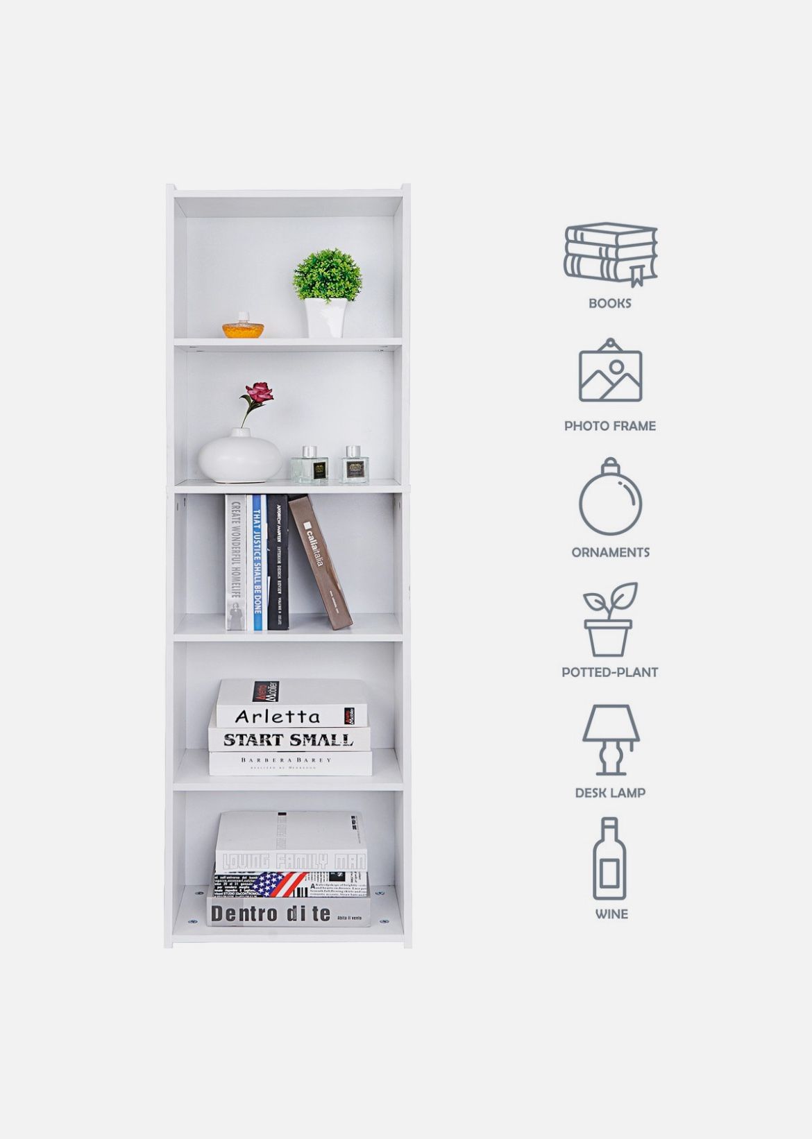 5-Tier Bookcase Storage Organizer Wall Shelf Bookshelf for Home Office White/ Black. 