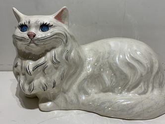 Vintage Porcelain Ceramic Iridescent White Persian Cat Retro
