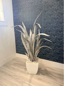 White planter with Silver  Faux Plant