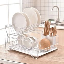 Draining Rack Double Rows Dishes Drying Rack with Drain Board for Kitchen Counter Dishes Rack Drainage Rack