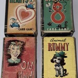 4 sets of vintage card games complete in boxes.   Includes Old Maid, Animal Rummy, 8’s, and Hearts