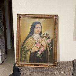 Mid Century Painting Of Saint Teresa Done On Tin Metal.