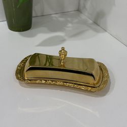Golden Vintage Butter Jar with Glass Tray inside