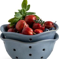 Ceramic Berry Basket Set of 2, Elegant Fruit Bowl with Holes for Kitchen Counter, 6 Inch, Berries, Strawberry, Grape, Cherry, Floral Shape, Slate Blue