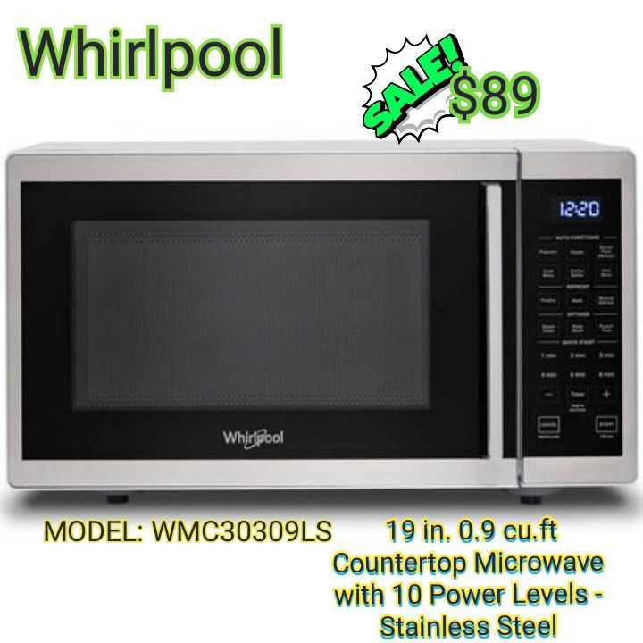 Whirlpool 19 in. 0.9 cu.ft Countertop Microwave with 10 Power Levels - Stainless Steel

MODEL: WMC30309LS

