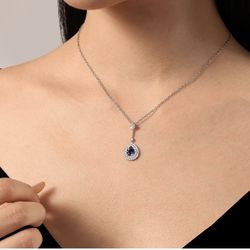 HONIVY Blue Sapphire September Birthstone Teardrop Necklace White Gold Plated