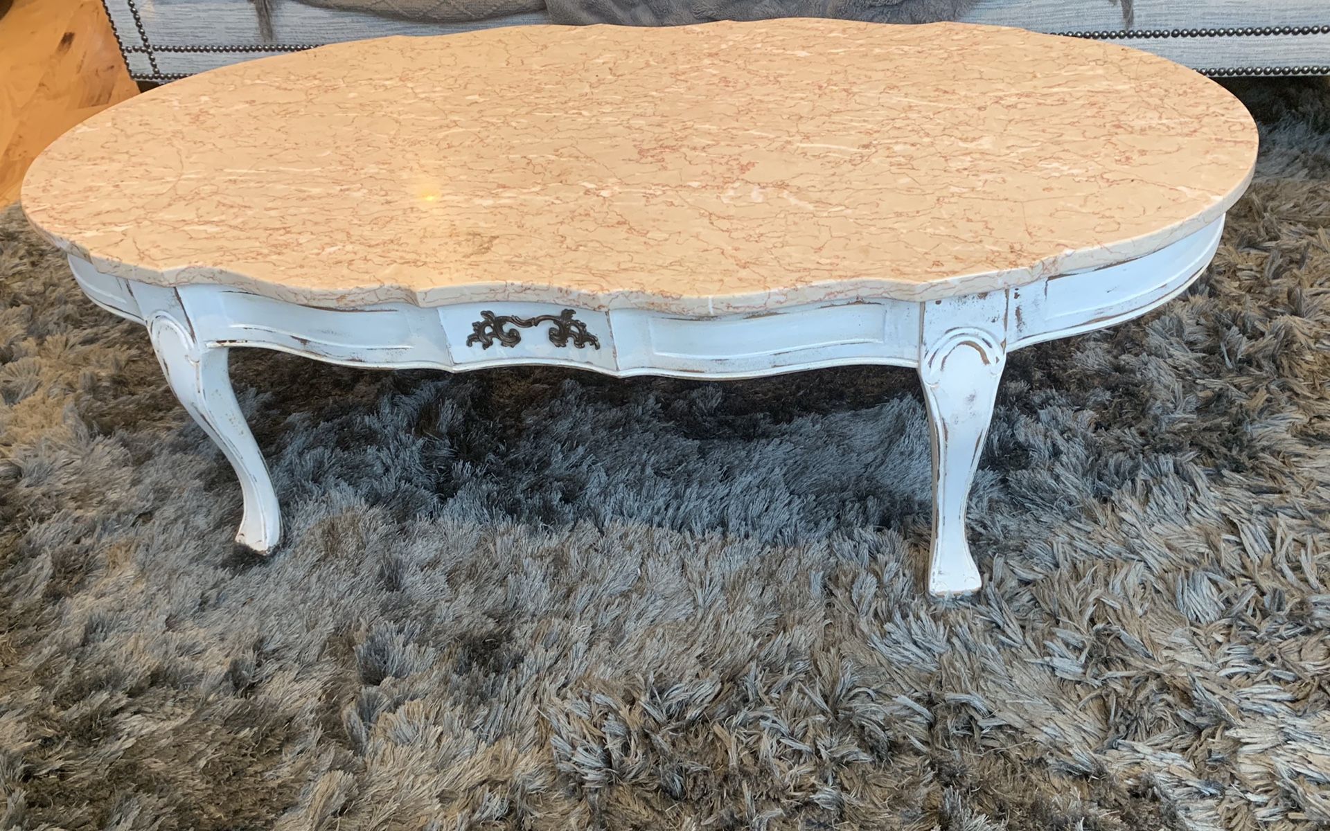 Coffee table with marble top and wood base- antique, 9x12 silver shag rug, living room sofa with high top