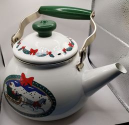 a vintage Mervyn's Holiday Tradition porcelain-on-steel tea kettle