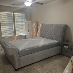 Queen size sleigh bed frame with Sealy posturepedic hybrid mattress, box spring & nightstand.