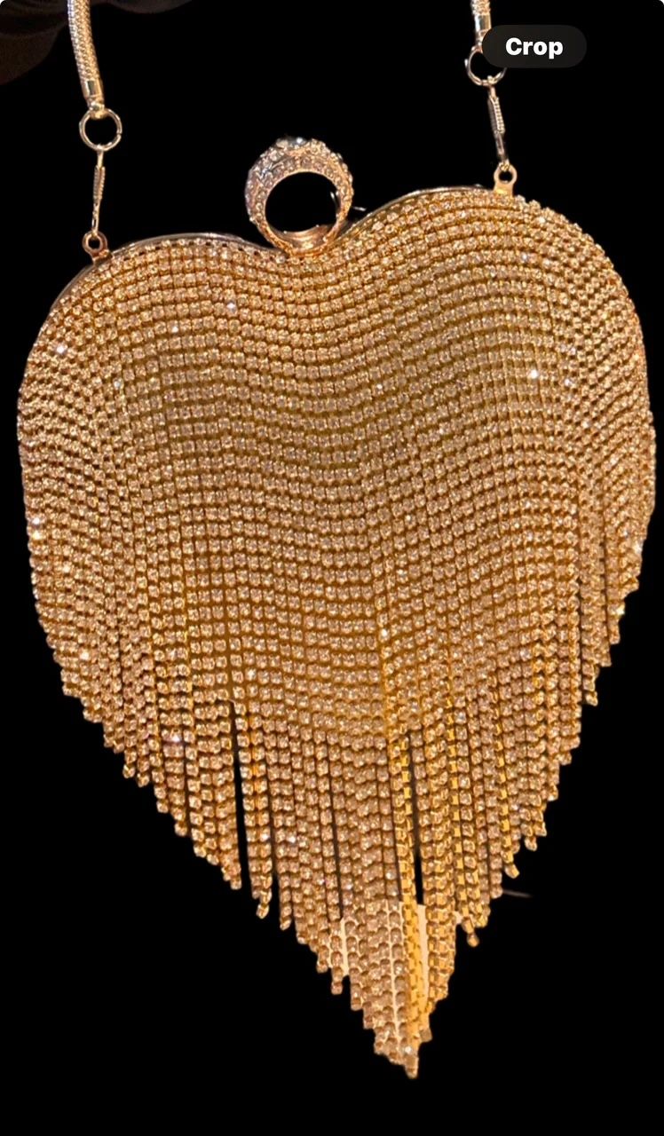HEART RHINESTONE FRINGE CRYSTAL RING HANDLE CROSSBODY BAG
