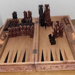 Vintage carved wood chess backgammon set.