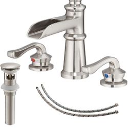Open Box New Brushed Nickel Bathroom Faucet Waterfall for Sink 3 Hole Widespread Farmhouse Brush Wide Spread Mounted 8 Inch with Pop Up Drain with Ove