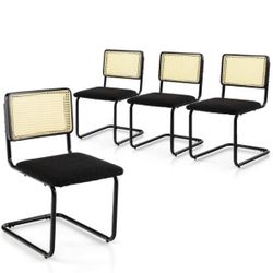 Mid-Century Rattan Dining Chair with Cane Backrest and Metal Frame Upholstered Fleece Seat Accent Chairs Armless Chairs with Metal Legs for Home Kitch