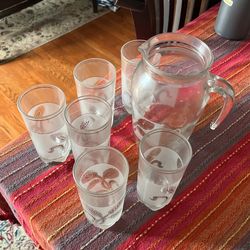 Glass Pitcher With 6 Glasses Gold Trim