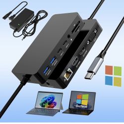 Microsoft Surface Dock USB C With 100W Power Supply - 12 in 1 Pro Docking Station With Dual 4K HDMI+VGA for Surface Pro 11/10/9/8/X/7+/7, Laptop, Go