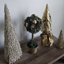$15.00 - (4pcs) GOLD CHRISTMAS TREES/TOPIARY/TREE TOPPER - LIKE NEW CONDITION!
