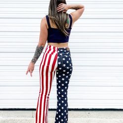 Blue High Rise Stars and Stripes Print Raw Hem Flare Jeans