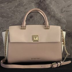 MICHAEL KORS Women's Sylvia Pink Crm Leather Satchel Crossbody Shoulder HandBag