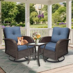 New, Assembled✨3 Piece Outdoor Wicker Patio Furniture Set, 2 Swivel Glider Rocking Chairs with Tempered Glass Side Table, Brown Full-Weave Rattan Bist