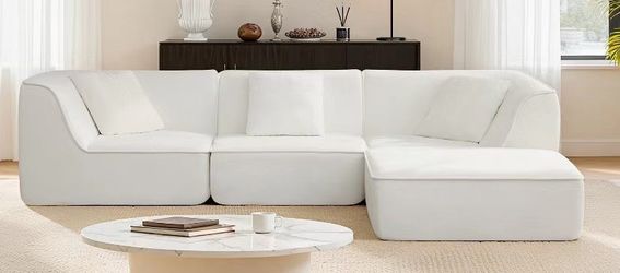 107.87' White/ Square Arm 2-Piece Fabric Sectional Sofa with Ottoman, No Assembly Modular Design