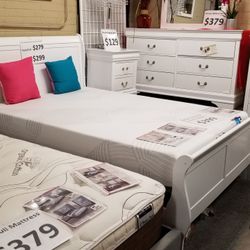 Brand New White Queen Bedframe + Dresser + Mirror + Nightstand 4PCs Bedroom Set