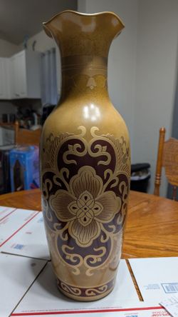 Vintage 24” Chinoiserie Statement Floor Vase - Gold Gilded & Etched