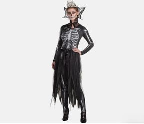Gothic Skeleton Queen, Catrina Dia De Muertos Adult Women’s Halloween Costume. Size Medium (New) *Bodysuit *Collar *Crown *Tie On Bustle.